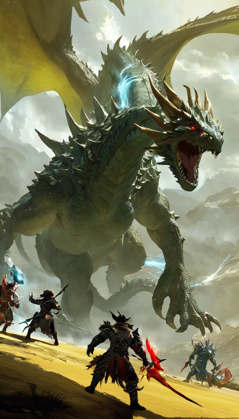 Cinematic scene, adventurers fighting a giant dragon, detailed background, masterpiece, best quality, high quality, absurdres, guild wars 2 <lora:guild_wars_xl_v4:1>