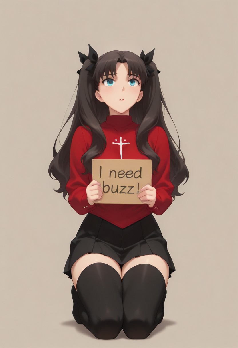 masterpiece, need_buzz, holding sign, Rin Tohsaka, 1girl, solo, kneeling, hands together, pleading expression, looking up, simple background, red sweater, black miniskirt, black thigh-high stockings, twin tails, blue eyes