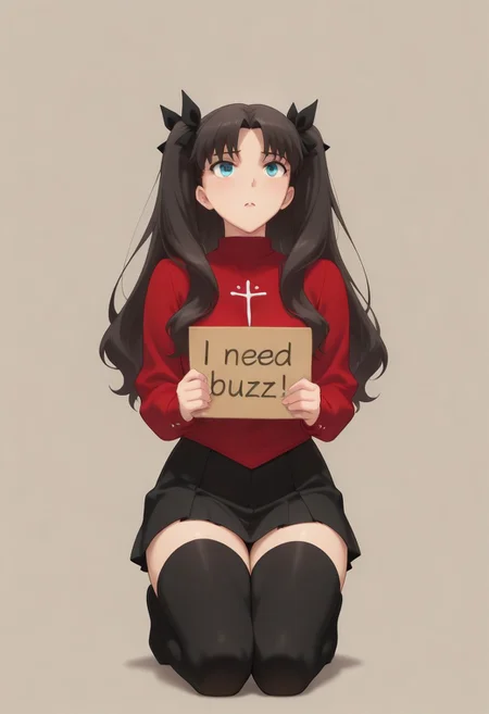 masterpiece, need_buzz, holding sign, Rin Tohsaka, 1girl, solo, kneeling, hands together, pleading expression, looking up, simple background, red sweater, black miniskirt, black thigh-high stockings, twin tails, blue eyes