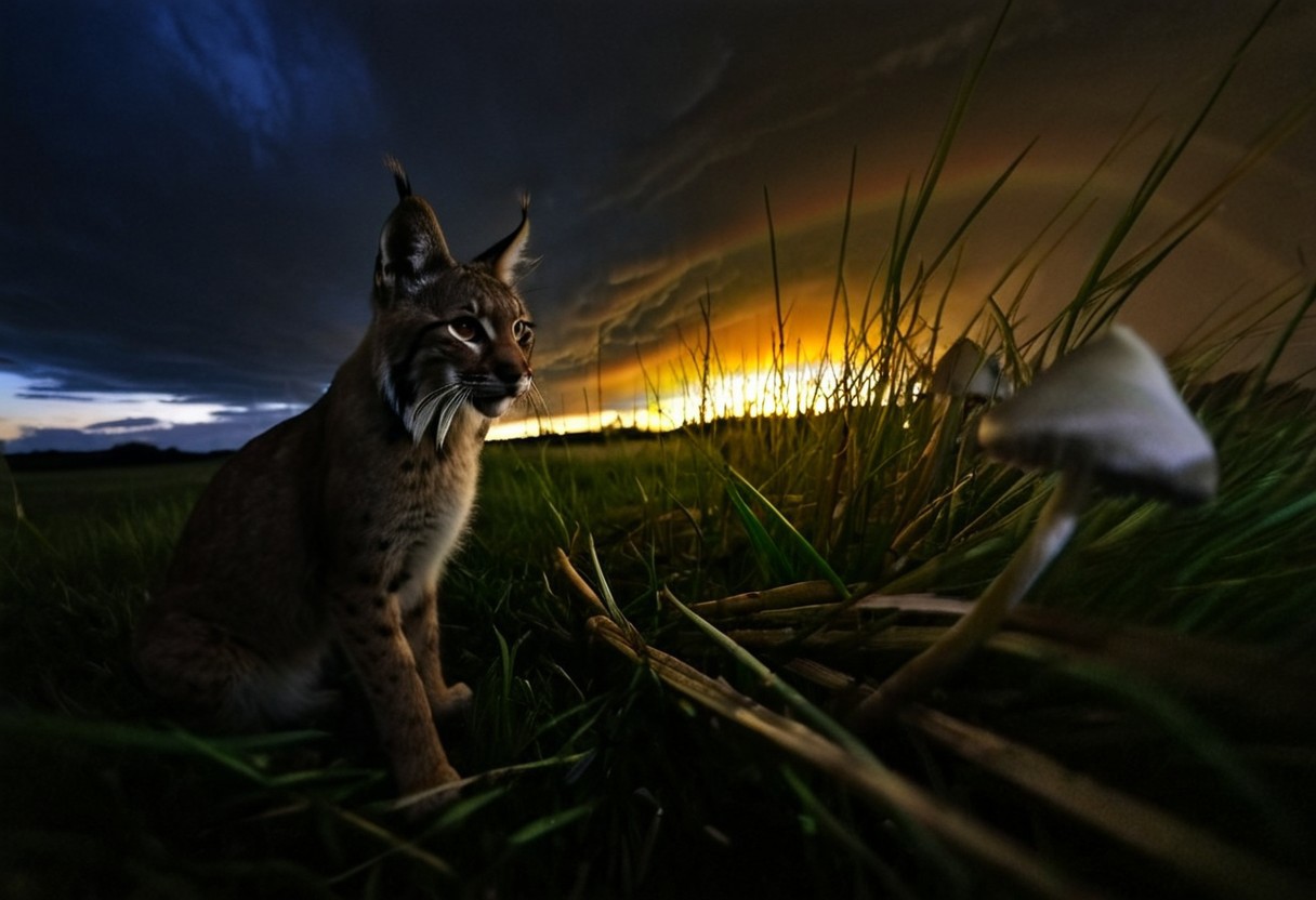 fisheye photograph, side profile, detailed, (a lynx), surrounded by dark-grasshrooms, sunset sky, dramatic clouds, ((rainbow colored lights)), blurry foreground, depth of field, sidelight, dark, low key, backlit, ((((dark-grasshrooms))))