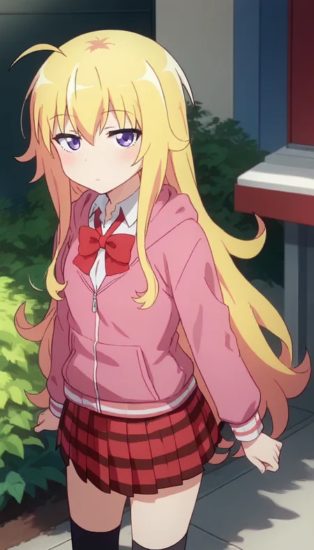 score_9,score_8_up,score_7_up,score_6_up BREAK official art,solo,outdoors,cowboy shot,looking at viewer,facing viewer,blush,sleepy,expressionless,deadpan,Gabriel Tenma White,ahoge,very long hair,blonde hair,messy hair,sidelocks,hair between eyes,bangs,purple eyes,half-closed eyes,pink hoodie,red bowtie,collared shirt,white shirt,small breasts,red skirt,pleated skirt,plaid skirt,black socks,uwabaki,<lora:Gabriel Tenma White(gd)-Pony:1.8>,
