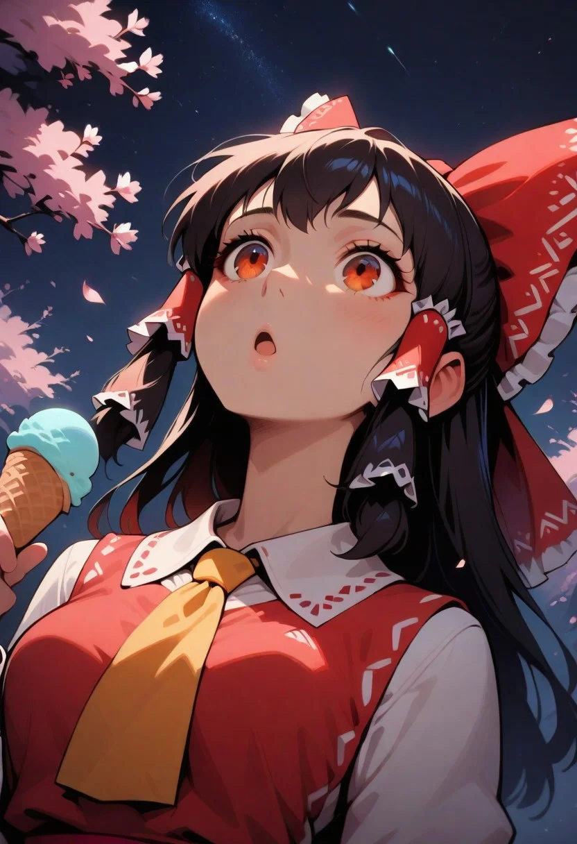 1girl, solo, hakurei_reimu, holding ice cream cone, :o; looking up, starry sky, night sky, cherry blossom, upper body, masterpiece, best quality, very aesthetic, absurdres