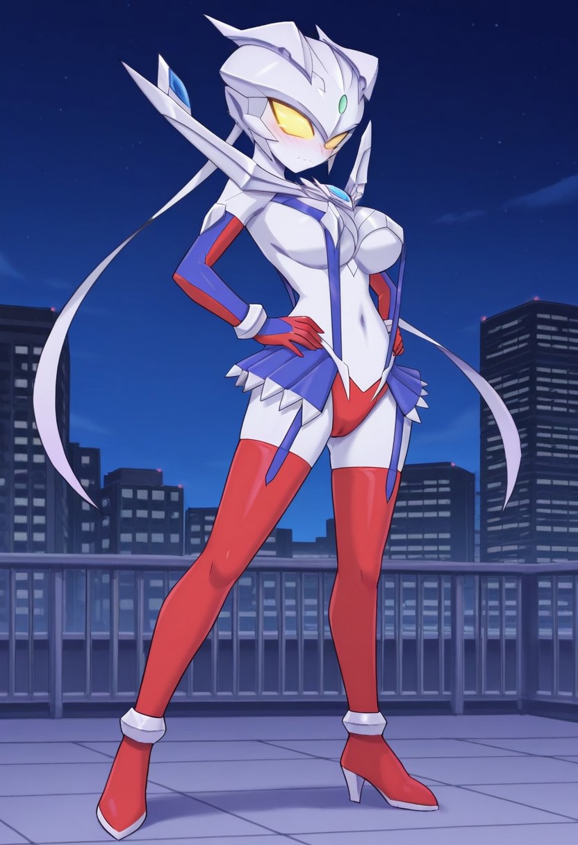official art, detailed anime, ultra detailed anime art, anime screencap, screencap, score 9, score 8 up, score 7 up, masterpiece, anime coloring, source anime, 
BREAK
UltraGirlZero, 1girl, solo, perfect female body, large breasts, helmet, glowing eyes, yellow eyes, no pupils, yellow sclera, green jewel forehead, thighhighs, navel, genderswap \(mtf\), tokusatsu, alien, visible fang, colored skin, silver skin, metallic skin, red and blue elbow gloves, chest armor, revealing clothes, blue suspenders, underboob, ((covered nipples:0.9)), navel, toned belly, micro skirt, blue garter straps, red mini panties, cameltoe, blue and red thigh-high boots, high heels, weapon at right arm, very long metallic ribbons at shoulders,
BREAK
full body shot, standing, from behind, back view, partial visible ass, thong, large ass, bubble butt, ((contrapposto)), ((hands on hips)), seductive pose, city, night, rooftop, detailed background,
