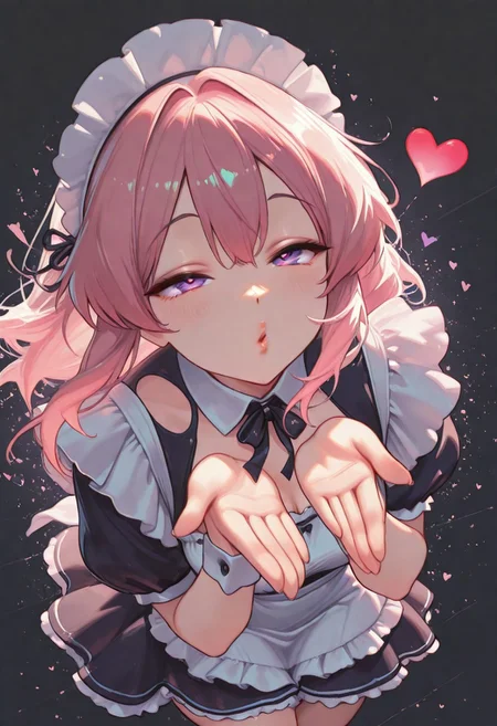masterpiece, high_quality, highres, in the style of Jeda,vibrant colors,  CivChan, purple eyes, pink hair, maid costume, self confident, blowing kiss, flying heart, dynamic posing, standing, legs crossed, from above heart background, black background