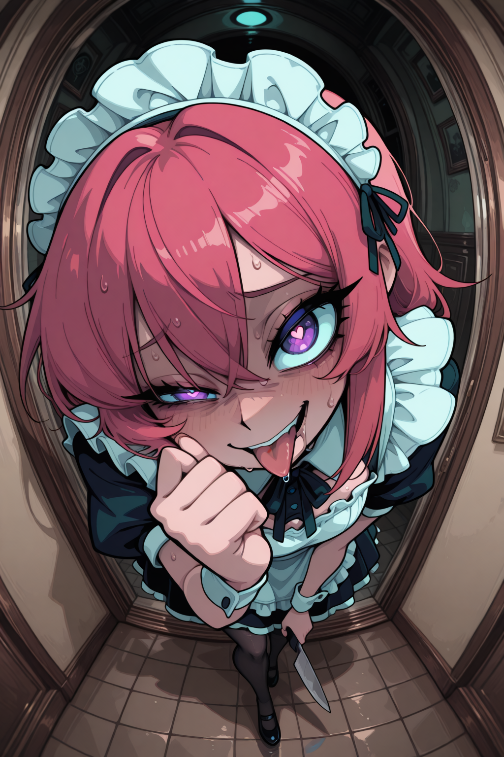 embedding:lazympos, 1girl, solo, CivChan, pink hair, purple eyes, heart-shaped pupils, expressive, full body, sinister smile, head tilt, one hand holding a kitchen knife, reflective, fine fabric emphasis, glowing eyes, beautiful eyes, detailed eyes, glowing eyes, heart-shaped pupils, (right eye focus), one eye raised, from side, from above, wide angle, (peephole frame), (fisheye, fish eye:1.2), (psycho, obsessive, mentally insane), dynamic angle, dynamic pose, (leaning slightly forwards), threatening pose, tense, horror, indoors, hotel hallway, looking at viewer, perspective, dark hallway, dim lighting, very dark, high contrast, chiaroscuro, close up, vanripper, tongue out, tilted head, maid outfit, knocking, drooling, sweat, itching <lora:CivChan:0.9> <lora:TrendCraft_The_Peoples_Style_Detailer-v1.0A-3_13_2025-illustrious:0.2>