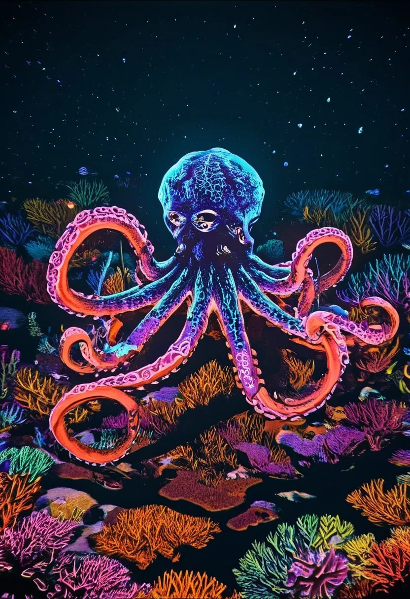 darkcomic, a bioluminescent octopus with glowing tentacles, swimming through a colorful coral reef under radiant underwater lights