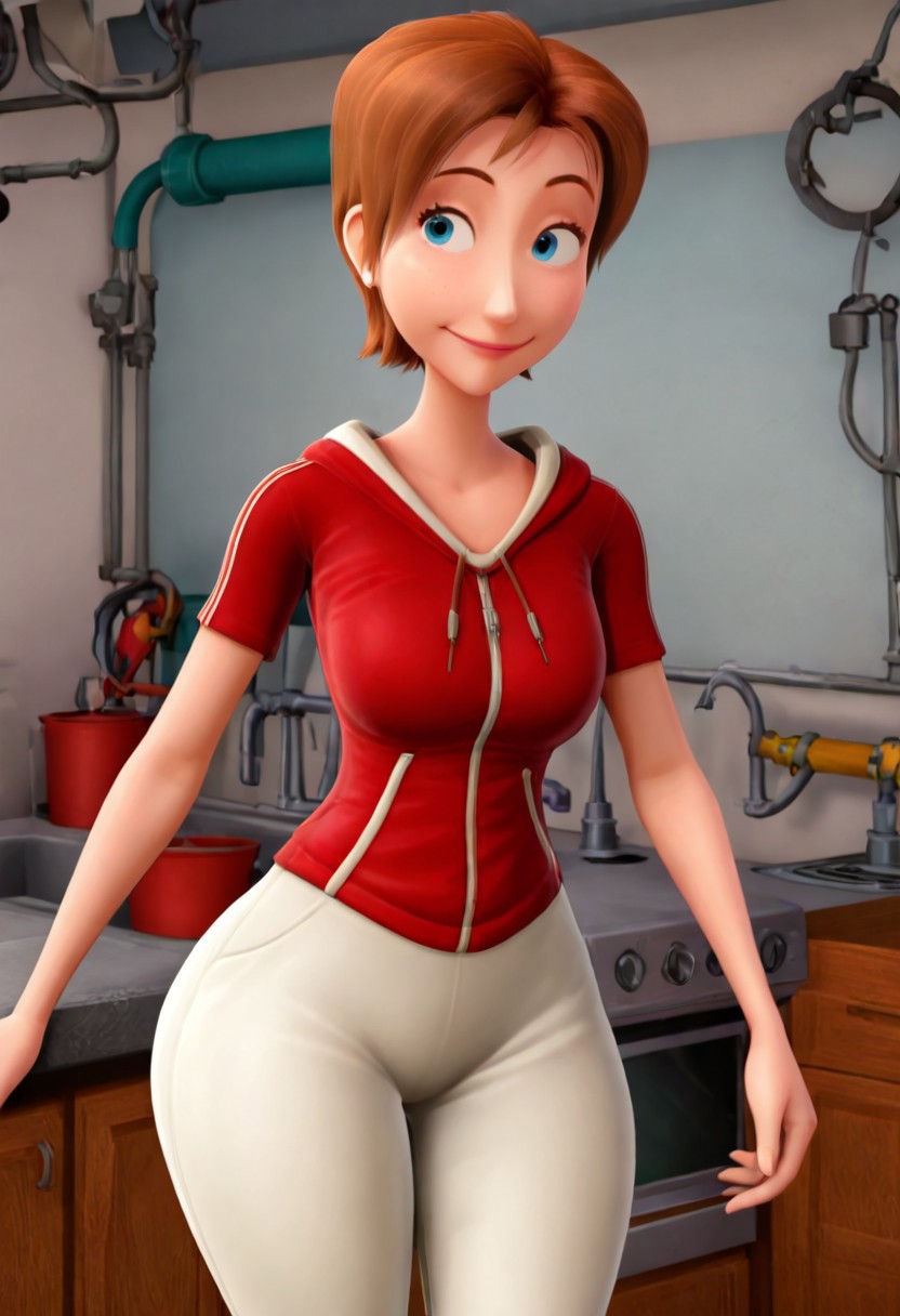 score_9, score_8_up, score_7_up, ultra quality, solo, 1girl, S0e, short hair, brown hair, blue eyes, red jacket, short sleeves, white pants, smile, hips focus, breasts, big hips, big butt, bubble butt, curvy, narrow waist, standing, upper body, front view, looking to the viewer, close up, screencap