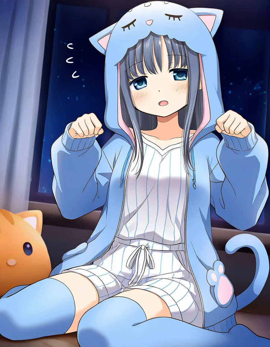 masterpiece, best quality, newest, absurdres, highres, safe, 1girl, nanami yachiyo \(roomwear costume\), magia record: mahou shoujo madoka magica gaiden, tail, blue thighhighs, wariza, paw pose, blush, open mouth, solo, night, indoors, dutch angle, <lora:nanami_yachiyo_noobaiXLNAIXL_vPred10Version:0.7>