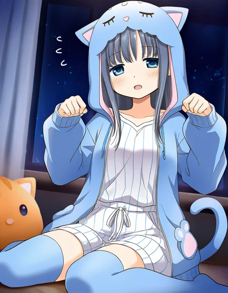 masterpiece, best quality, newest, absurdres, highres, safe, 1girl, nanami yachiyo \(roomwear costume\), magia record: mahou shoujo madoka magica gaiden, tail, blue thighhighs, wariza, paw pose, blush, open mouth, solo, night, indoors, dutch angle, <lora:nanami_yachiyo_noobaiXLNAIXL_vPred10Version:0.7>