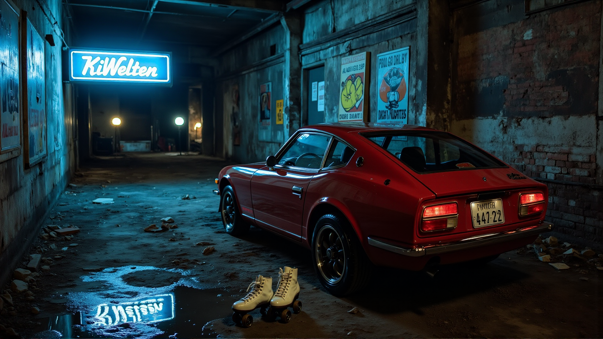 The Datsun 240Z is parked in a side alley behind a 1970s roller disco, where a flickering blue neon sign reading "KiWelten" casts strange, elongated reflections on the wet pavement below. The side mirror captures the ghostly glow of old advertisements peeling from the wallsâposters for a roller derby that never happened. The dark-tinted window reflects the distant shape of a spinning disco ball inside, yet no music plays. A lone pair of white roller skates sits abandoned near the carâs rear chrome bumper, their laces perfectly tied, as if waiting for someone to pick them up. The street is too quiet, too still, as if frozen between past and present, between motion and silence.
<lora:Liminal-Space-Flux:0.75>  <lora:ral-nssndtsn:1>