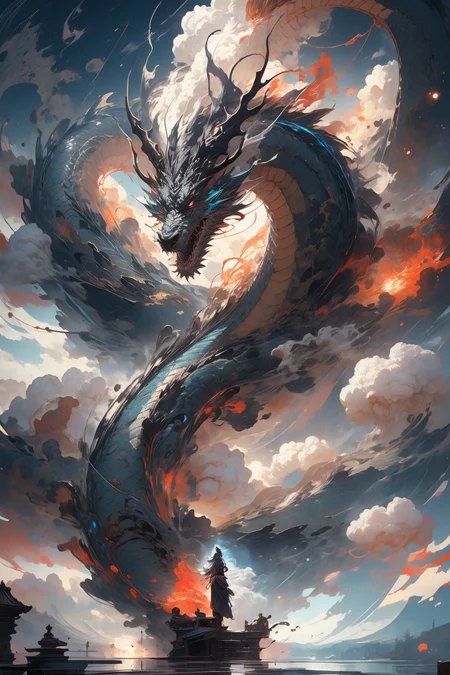 masterpiece, best quality, flames, abstract, divine being, otherly world, powerful, 
<lora:Chinese dragon:0.85> chinese dragon, dragon, sky, outdoors, cloud, glowing, horns, standing,
<lora:more_details:0.4>
 <lora:Cosmic anime-oil fusion v2:0.4> 
<lora:AnimeVibesV3:0.25> animevibes, 
<lora:3DMM_V11:0.5> 3DMM 
<lora:midjourney_20230624181825:0.4> midjourney ,
 <lora:LAS:0.25> colorful, clouds, 
<lora:msw_locon-t2:0.45>
 <lora:wuxia2:0.5> gu, shiny, shiny hair, shiny skin, shiny clothes