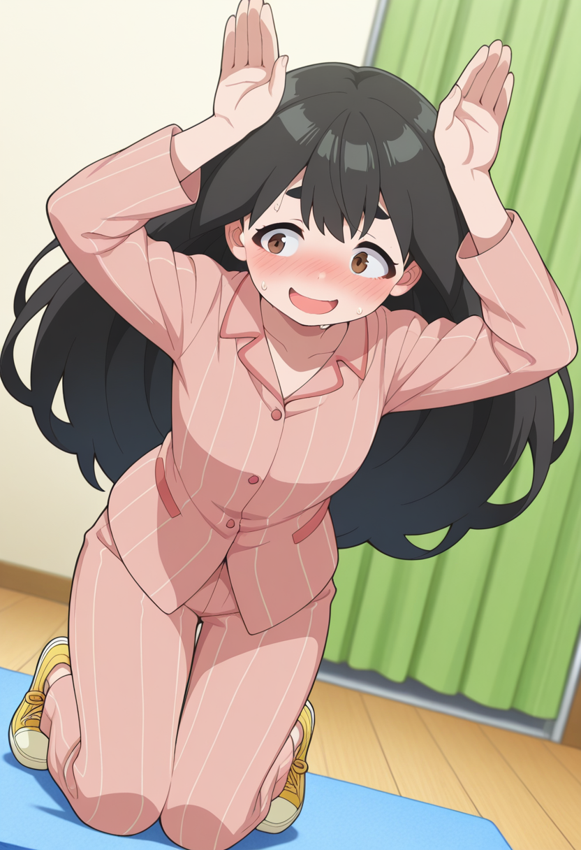 masterpiece, best quality, amazing quality, absurdres, 1girl, solo, sakurakoww, brown eyes, black hair, long hair, big hair, thick eyebrows, pink striped pajamas, long sleeves, pink striped pants, yellow sneakers, <lora:Umeyashiki_Sakurako_Me_and_the_Alien_MuMu_ill:0.8>, (dutch angle), rabbit pose, arms up, no_animal_ears, kneeling, leaning forward, sweat, sweatdrop, sweat on body, nervous sweating, (nervous smile), open mouth, nose blush, indoors, skindentation, detailed clothing folds, depth of field, sharp, high contrast, dynamic light