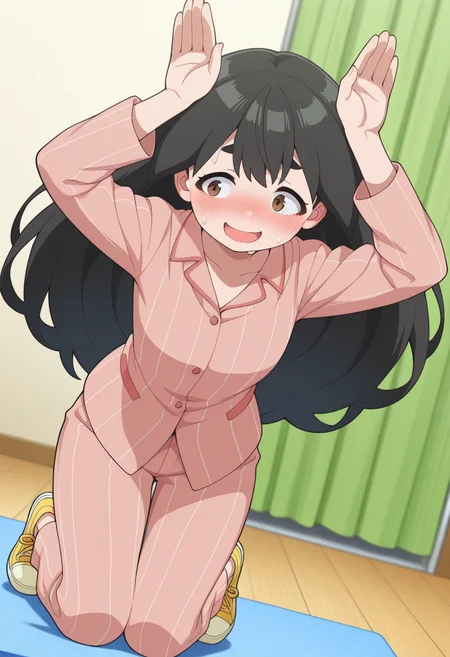 masterpiece, best quality, amazing quality, absurdres, 1girl, solo, sakurakoww, brown eyes, black hair, long hair, big hair, thick eyebrows, pink striped pajamas, long sleeves, pink striped pants, yellow sneakers, <lora:Umeyashiki_Sakurako_Me_and_the_Alien_MuMu_ill:0.8>, (dutch angle), rabbit pose, arms up, no_animal_ears, kneeling, leaning forward, sweat, sweatdrop, sweat on body, nervous sweating, (nervous smile), open mouth, nose blush, indoors, skindentation, detailed clothing folds, depth of field, sharp, high contrast, dynamic light