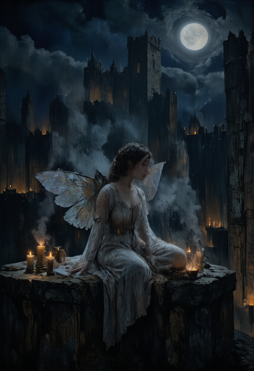 A cinematic photo of a pale-skinned, gothic fairy with delicate wings, sitting gracefully atop an ancient castle. She wears a sheer, flowing nightgown that catches the soft glow of the moonlight. Her dark, ethereal beauty is highlighted by the candlelight surrounding her, casting flickering shadows on the stone. Smoke gently floats through the air, adding to the mystical and intense atmosphere. The night sky is deep and dark, enhancing the fairy’s mysterious aura, while distant, glowing candles and the castle's rugged architecture complete the scene. The realism of the photograph captures the fairy’s striking otherworldly presence in a hauntingly beautiful moment, in memadukan_painter art style, <lora:Memadukan_Brush_Strokes_of_Fineart:1.0>