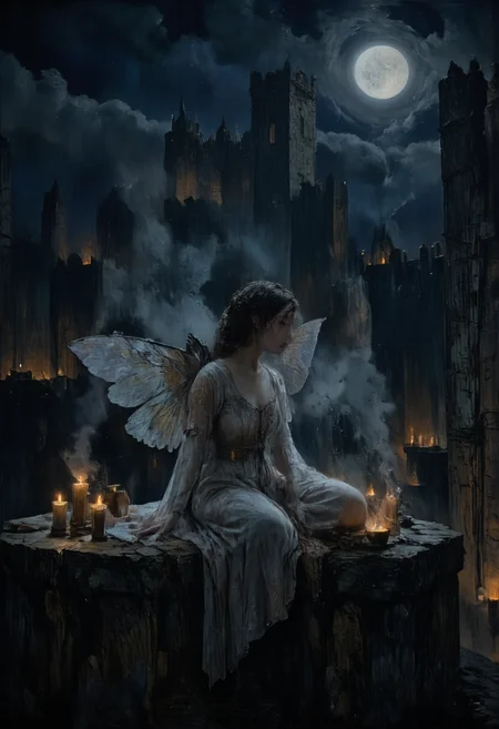 A cinematic photo of a pale-skinned, gothic fairy with delicate wings, sitting gracefully atop an ancient castle. She wears a sheer, flowing nightgown that catches the soft glow of the moonlight. Her dark, ethereal beauty is highlighted by the candlelight surrounding her, casting flickering shadows on the stone. Smoke gently floats through the air, adding to the mystical and intense atmosphere. The night sky is deep and dark, enhancing the fairy’s mysterious aura, while distant, glowing candles and the castle's rugged architecture complete the scene. The realism of the photograph captures the fairy’s striking otherworldly presence in a hauntingly beautiful moment, in memadukan_painter art style, <lora:Memadukan_Brush_Strokes_of_Fineart:1.0>