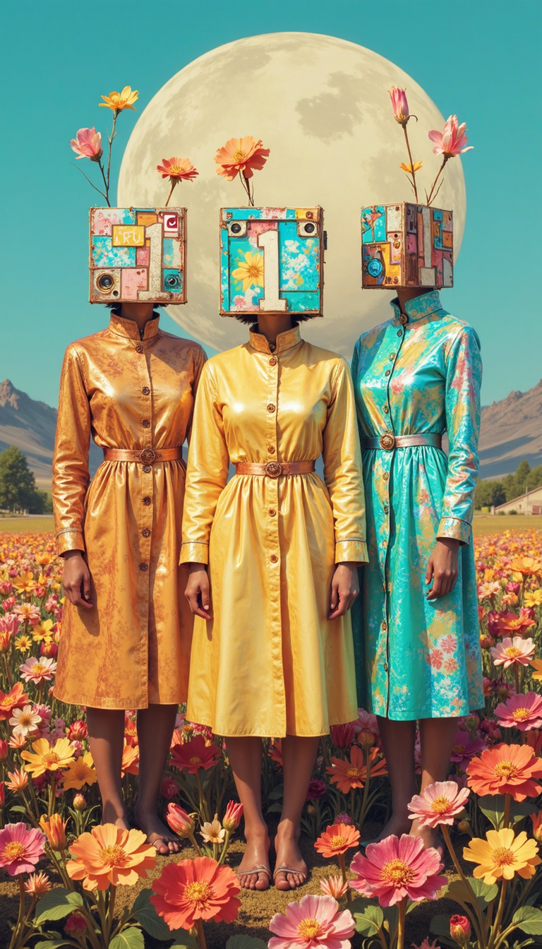 Bioluminescent,evangsurreal,surrealism,glitter, Three figures, rendered in a flat, collage style reminiscent of mid-century illustration, stand in a field of vibrant, predominantly red and orange, wildflowers.  The figures are clad in knee-length coats, two yellow and one seafoam green, evocative of 1960s fashion.  In a surreal twist, their heads are replaced with floating social media notifications: a speech bubble with the number "1", a broken heart icon with the number "1", and a silhouette of a person with the number "100." The background features a stylized, almost theatrical, mountain range set against a teal sky. A large, pale yellow circle, reminiscent of a full moon, hangs low in the sky behind the figures. The image should evoke a sense of unease and commentary on the depersonalizing nature of social media and its impact on human connection. The color palette should be simultaneously retro and slightly unsettling, enhancing the feeling of societal critique. Focus on the juxtaposition of the idyllic setting and the disturbing lack of individuality.  The image is a medium shot, taken from a slightly low angle, emphasizing the figures against the landscape.