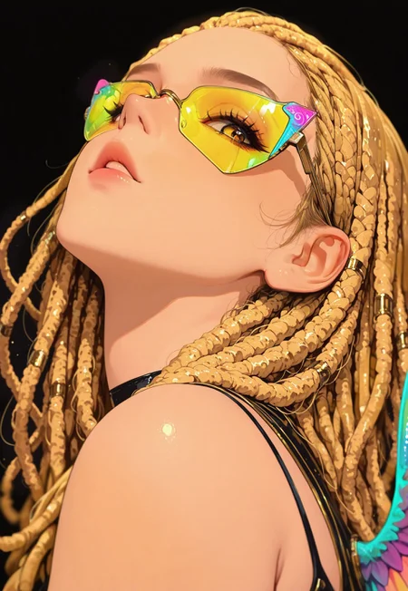 masterpiece, best quality, good quality, very aesthetic, absurdres, newest, 8K, depth of field, focused subject,
 close up, stylized, in gold and neon shades, wabi sabi, 1girl, rainbow ,  looking at viewer, dynamic angle, from below, from side, relaxing, blonde dreadlocks,
parted lips,
