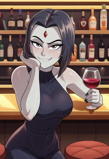 nsfani style, 1girl, raven, grey skin, forehead jewel, cocktail dress, solo, bar, leaning against bar, bar stools, holding wineglass, red wine, (smirk)