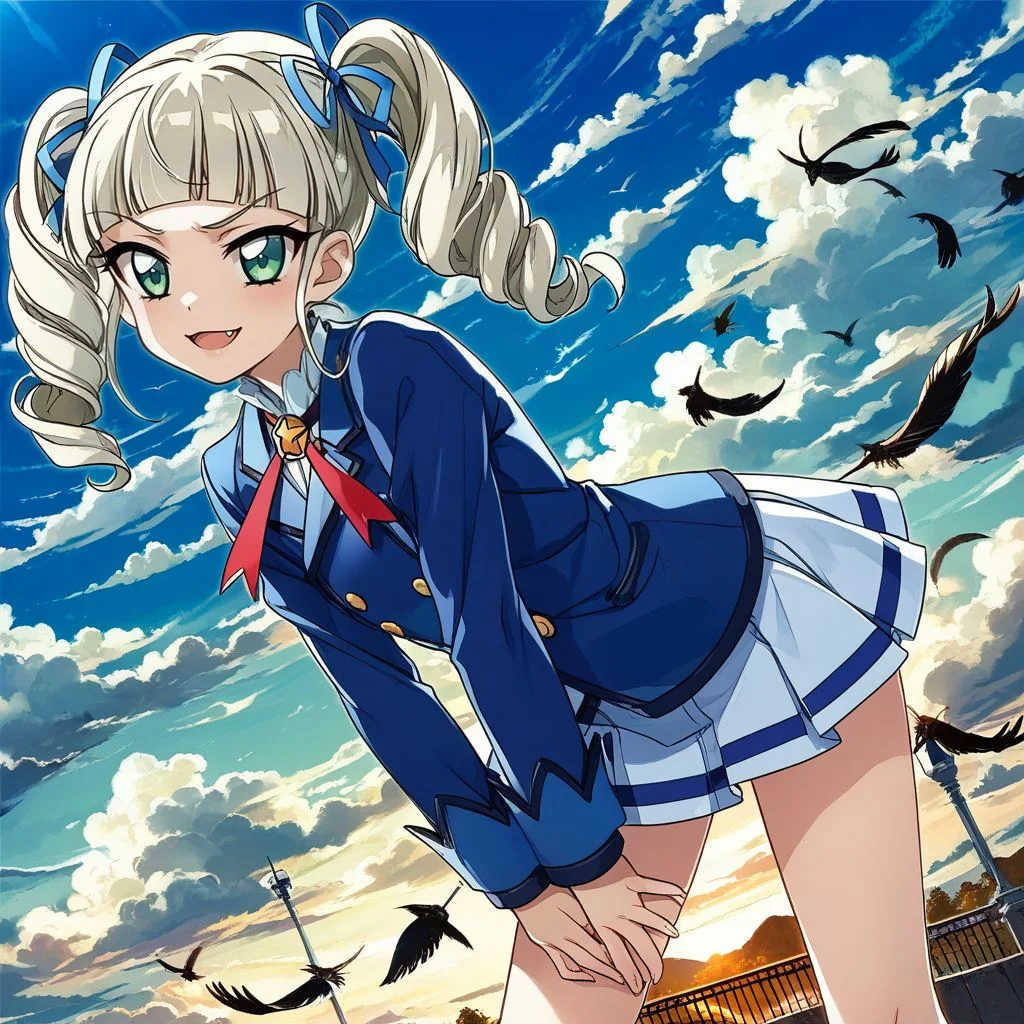 score_9, score_8_up,score_7_up,game cg,official art, uncensored, convenient censoring, covering privates,
rating_safe,
modeling, expressive hair, expressive clothes, dutch angle,wind
blue sky, cloud, sun,backlighting, happy,contrapposto,pigeon-toed,leaning forward, ,hand between legs
<lora:yurikasamaV:0.8> todo yurika, green eyes, platinum blonde hair, blunt bangs, drill hair, twin drills, hair bow, bow,ribbon,fang,fang out, starlight academy school uniform,,blue jacket,white skirt