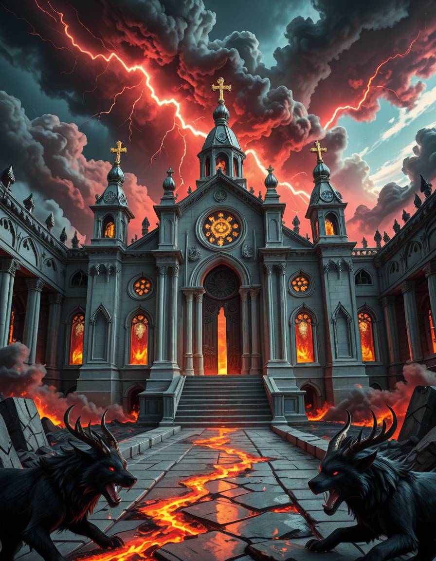 A once-majestic celestial temple, now under siege by the forces of Hell. The grand white stone structure is cracked and scorched, its golden crosses twisted and broken. The stained-glass windows, once glowing with warm divine light, are now shattered, with demonic symbols glowing ominously in their place. The sky, once a serene blue, is now consumed by dark storm clouds, swirling with red lightning and thick smoke.
Black, jagged chains extend from the sky, wrapping around the temple as if trying to pull it down into the abyss. The once-fluffy clouds beneath the structure are now a chaotic mix of fire, ash, and dark mist, with glimpses of molten lava cracks below. Infernal creatures with glowing red eyes lurk in the shadows, their silhouettes barely visible through the smoke and fire.
The temple doors are blown open, revealing an eerie red glow emanating from within, as if Hell itself is consuming the sacred space. Massive demonic runes are etched into the stone, pulsating with an unholy energy. The entire scene is bathed in a deep crimson and orange glow, giving it an apocalyptic and nightmarish atmosphere.
Style & Lighting:
- Dark fantasy, highly detailed
- Dramatic, high-contrast lighting with fiery glows
- Cinematic composition, epic scale
- Strong use of shadows, embers, and atmospheric foghighly detailed and atmospheric view from inside a massive birdcage, large enough for a human to stand inside. The cage is made of ornate, aged metal bars with intricate Victorian-style patterns, curving elegantly towards the domed ceiling. Sunlight filters through the gaps between the bars, casting long, dramatic shadows on the wooden floor. Delicate vines and small flowers have begun to grow around the bars, adding a touch of nature reclaiming the space. The background beyond the cage is blurred, hinting at a lush garden or a mysterious, abandoned mansion. The ambiance is serene yet slightly melancholic, with warm golden light illuminating dust particles floating in the air. Soft feathers are scattered on the floor, adding to the sense of quiet abandonment. The perspective makes the viewer feel as if they are inside the cage, looking outward, surrounded by both beauty and confinement. The style is highly detailed and realistic, with a cinematic and slightly surreal atmosphere.
<lora:SDXLFaeTastic2400:0.4> <lora:extremely_detailed:0.4> extremely detailed, <lora:evil_celestial_t3mpl3-i:1>,evil celestial t3mpl3, Masterpiece,best quality,hi res,8k,hi res,8k,award winning,(sharp focus, intricate, highly detailed),