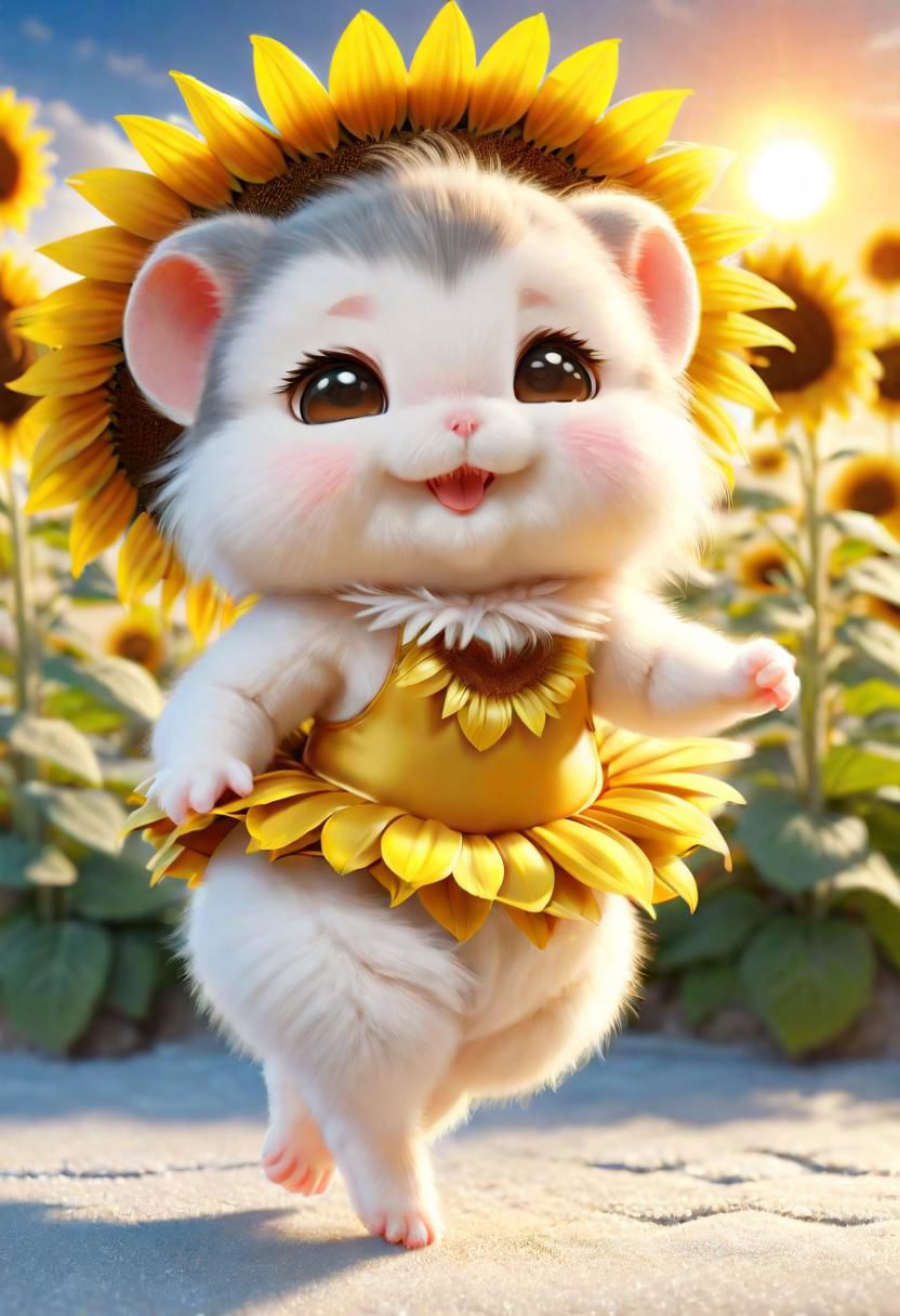 ral-fluff,<lora:ral-fluff:1>,
chibi,masterpiece,best quality,original,official art,silver metallic hamster, tutu,flower,blurry background,rendering,beautiful detailed glow,(detailed ice),beautiful detailed sun,sunny, blurred flower, happy, many little sunflower