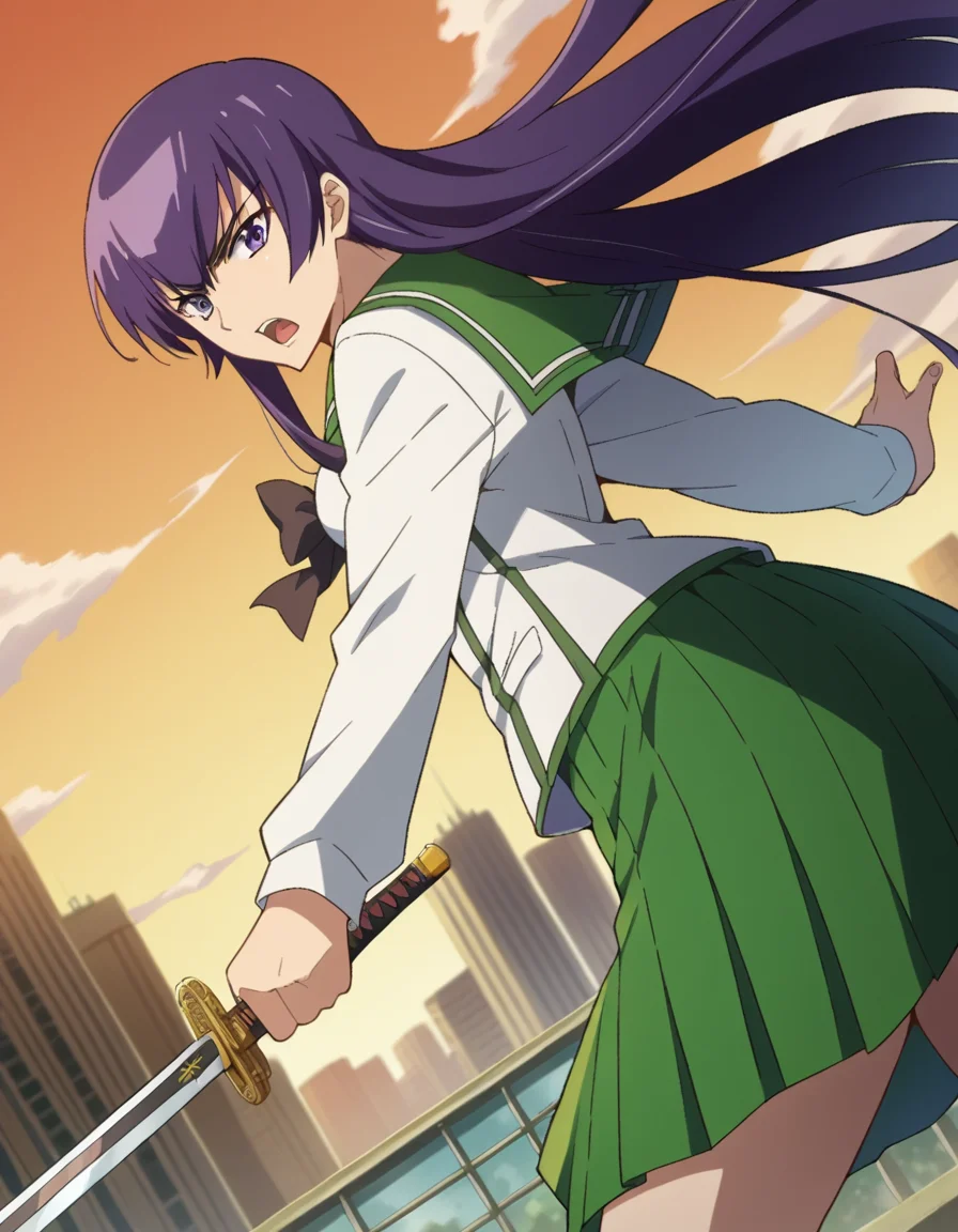 score_9, score_8_up, score_7_up, source_anime,
saekobusujima, <lora:saeko-busujima-ponyxl-lora-nochekaiser:1>,
saeko busujima, long hair, purple hair, purple eyes, hair between eyes,
skirt, long sleeves, bow, school uniform, serafuku, green skirt,
outdoors, cityscape, zombies, orange sky,
looking at viewer, dutch angle, fighting stance, sword, weapon, holding weapon, shouting,