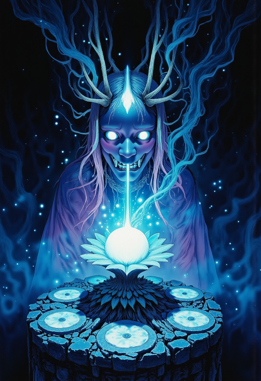 Studio Ghibli Dark Fairytale depicting a cursed hannya mask with horns and fangs blooming out of a blue lotus in a liminal bonsai garden with eerie radiating cyan and magenta miasma