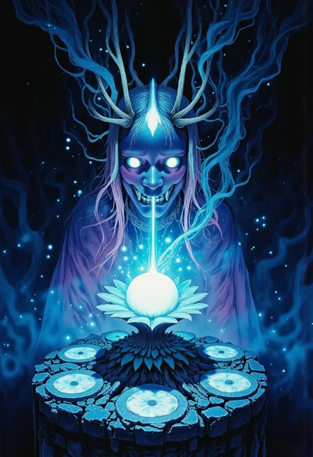 Studio Ghibli Dark Fairytale depicting a cursed hannya mask with horns and fangs blooming out of a blue lotus in a liminal bonsai garden with eerie radiating cyan and magenta miasma