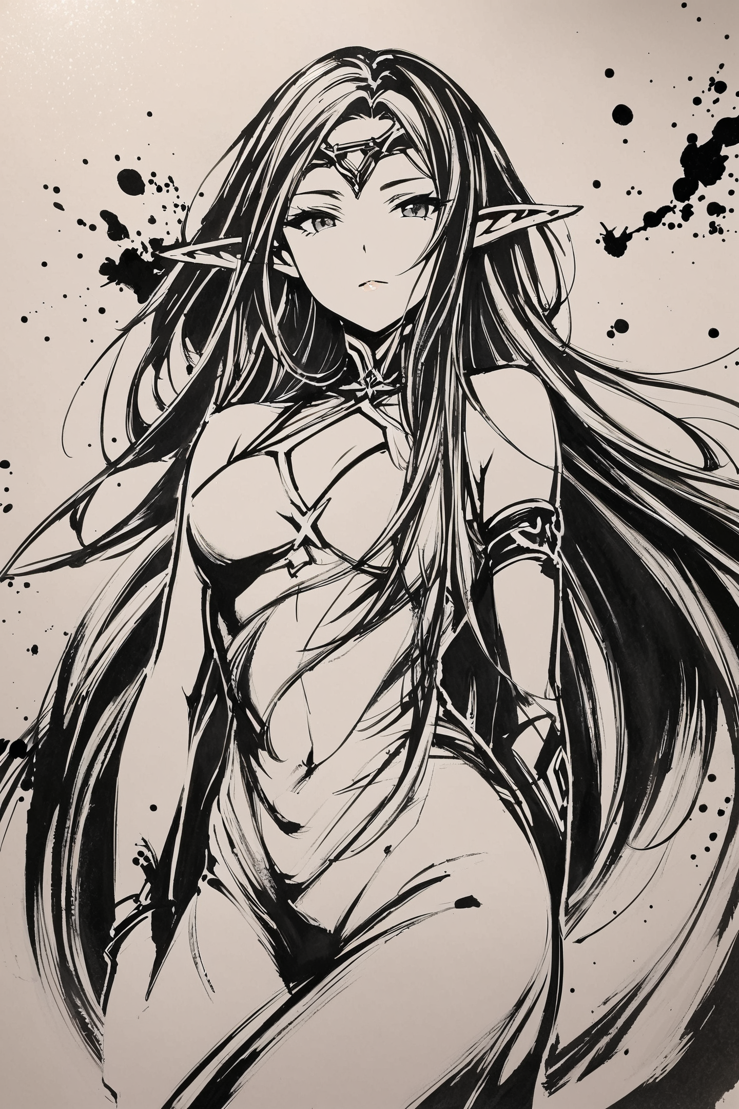 score_9,score_8_up,score_7_up,masterpiece,best quality,
monochrome,greyscale,1girl,pointy ears,solo,elf,long hair,looking at viewer,circlet,upper body,medium breasts,dress,sleeveless,lips,bangs,closed mouth,traditional media,ink \(medium\),
<lora:okazu_XL_PONY:0.9>,