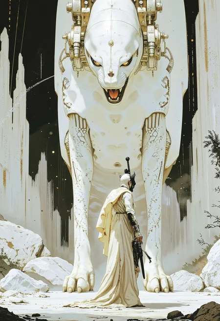 (A hyper-realistic digital artwork of a futuristic fashion illustration) A stunning fusion of H.R. Giger’s surrealism and futuristic elegance, depicting a woman and a massive white panther locked in an intense, side-profile eye-to-eye confrontation. The woman, positioned on the right, stands with her face in sharp profile, her long, flowing white hair cascading down her back. She wears a long, white, flowing robe adorned with intricate black biomechanical patterns. Her white gloves feature subtle black detailing. In her right hand, she holds a long, black ornate sword with an eerie, bio-industrial design, its sharp edge gleaming. The panther, on the left, mirrors her stance, its powerful frame turned in profile. Its sleek white fur is contrasted by intricate black fractal lines and biomechanical engravings flowing across its muscular form. Its glowing black eyes lock onto hers with an intense, enigmatic aura, its fangs bared slightly in a restrained snarl. The background consists of towering white architectural elements, a fusion of monolithic structures, jagged rock formations, and surreal, flowing metallic constructs. Grand, ornate fountains release streams of shimmering liquid, casting subtle reflections upon the white ground. The entire composition radiates tension and elegance, merging gothic futurism with an alien, hyper-detailed aesthetic.