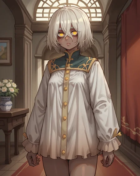 score_9, score_8_up, score_7_up, source_anime, indoors, 1girl, standing, dark skin, white hair, yellow eyes, solaria_(ebonyxh), <lora:solaria_ebonyxh:0.8>