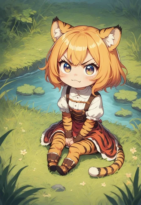 score_9, score_8_up, score_7_up, best quality, fine detail, cute, tiger girl, chibi, sitting, angry, by a river, reeds,