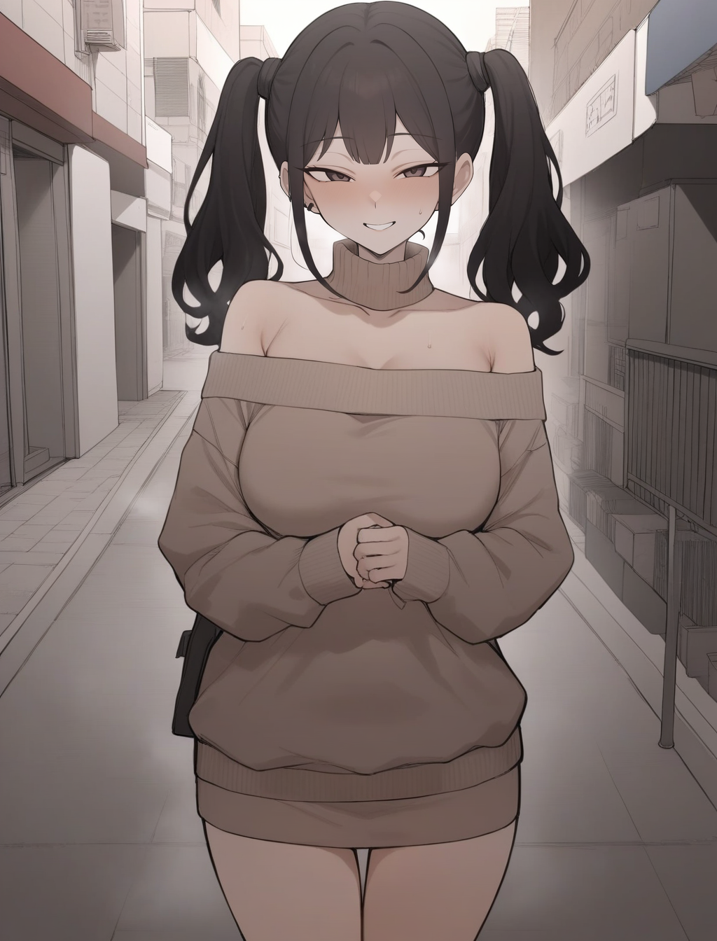 best quality,masterpiece,newest,looking at viewer,(1girl), <lora:Terasu_mc_XL:1>,standing,cowboy shot,(terasu_mc), black hair,rating: general,twintails,smile,off-shoulder_sweater,miniskirt, outdoors,