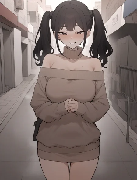 best quality,masterpiece,newest,looking at viewer,(1girl), <lora:Terasu_mc_XL:1>,standing,cowboy shot,(terasu_mc), black hair,rating: general,twintails,smile,off-shoulder_sweater,miniskirt, outdoors,