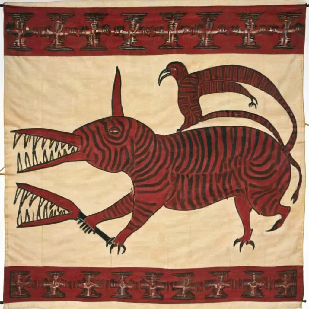 glorious banner of de wossum nation depicting an abstracted ferocious wossum mammal with long beak and sharp teeth, <lora:240527_WOSSUM:0.9>