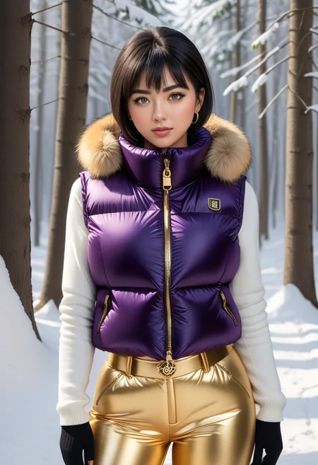 ((((puffer padded jacket)))), ((((puffer padded coat)))), ((((full body)))), ((((fur boots)))), ((((puffer pants)))), ((((puffer hood up)))), winter, snow, forest, 1girl, solo, (masterpiece), detailed face, detailed eyes, (beautiful detailed eyes:1.5), sidelighting, (super detail, hyper detail, intricate_details, detailed), (semi realistic:1.6), (Bob cut), blunt bangs,(black hair), (purple eyes, eyelashs), tanned skin, smug smile, angry face, Golden jewelery, golden rings, golden necklace, golden armlets, golden chains, padded collar, Thick padded collar, <lora:Collar-SDXL:0.6>, <lora:cropped_puffer_vest_v2:0.4>, <lora:snowpants_v1:0.4>
