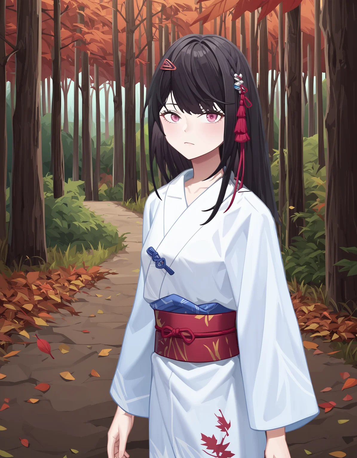 score_9,score_8_up,score_7_up,print_kimono,thinking,looking at viewer,
<lora:yanzhen_pony:0.9>,glcyanzhen,1girl,solo,hair ornament,long hair,bangs,pink eyes,black hair,anime screencap,<lora:Anime_Screencap:1>,(autumn maple forest:1.3),(very few fallen leaves),(path),cinematic_angle,depth of field,landscape,