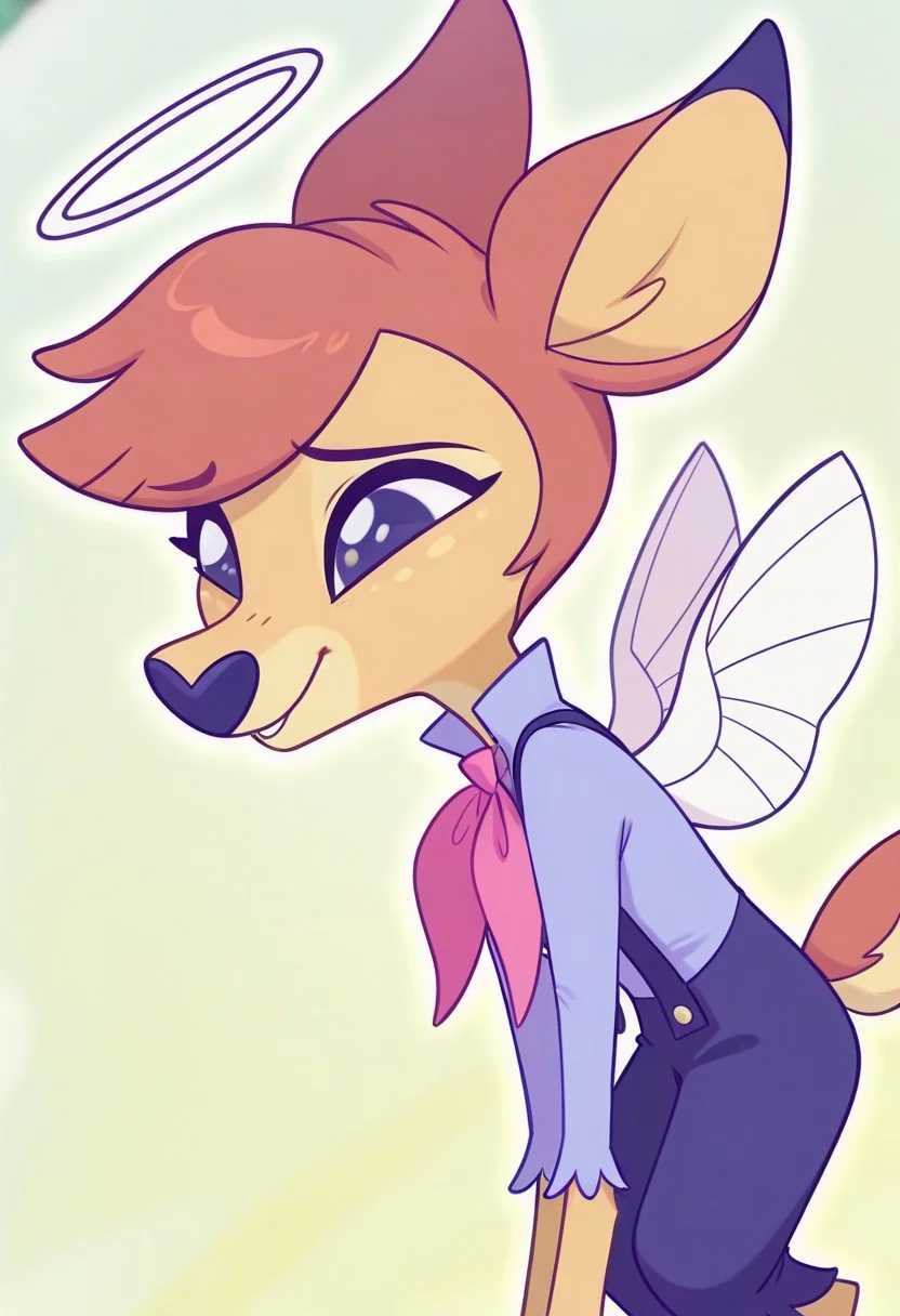 deerie, anthropomorphic fawn, light brown fur with lemon accents, brown hair, animal ears, angle, halo, wings, dark blue overalls over a brighter colored, long-sleeved shirt with a pink bow hanging from the collar