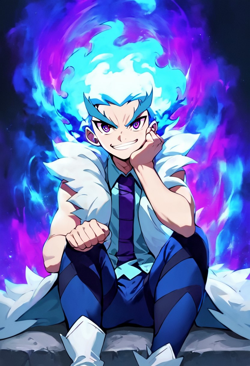 Score_9, Score_8_up, Score_7_up, source_anime, 1boy, luishirosagi, blue pants with black stripes, light blue and white hair, purple eyes, perfecteyes, sitting, dominant pose, sitting, knee raised, fist on cheek, aura, mocking smile, negative_hand,