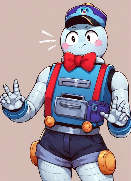 score_9, score_8_up, score_7_up, <lora:bslou:1>bslou , 1 girl , hat , robot, red suspenders, blue body , blush stickers, red bowtie , black minishorts , bare shoulders,