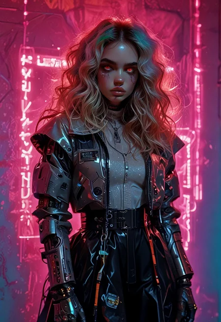 score_7_up, (score_9:1.1), (ugly:0.9),(pretty:1.4),1woman, adult, realistic, realism, hyper realistic, sparkling hair, floaty hair, wavy hair, (soft light coloured hair:1.3), (red iris, glowing iris, neon white pupils:1.3), looking at viewer, big hair, huge afro, zero gravity hair, detailed, perfect, perfection, hands, big scar across face,
BREAK,
((extra_puffy_jacket, black skirt, glossy lips, shiny skin)), full lips, hands behind back, (upper body:1.9), blocky shape cybernetics, cybernetics, cybernetic skin, raised eyebrow, pale skin, ((snub nose:1.4)), breasts, (prominent abs:1.1), focus upper body, sweating,
BREAK,
(neon background, future slums, neon, cybernetic background, mist:1.3),(cybernetic mechanical arm, prosthesis:1.3),