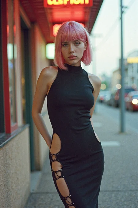 fine art photography, cinematic portrait, young woman, full bust, full hips, narrow waist, sleek pink bobcut, full hips, standing, piercing eyes, soft natural lighting, saturated color tones, raven-black form-fitting dress with cut-out details on the sides, The dress has a high neckline and is mid-length, reaching just above her knees, She is also wearing black, lace-up high-heeled shoes and black stockings, vibrant aesthetic, full body shot, candid expression, subtle grain, shallow depth of field, retro ambiance, warm skin tones, neon-lit urban setting, artistic composition, timeless style, nostalgic atmosphere, soft focus edges. <lora:Scarlett_Johansson-000032:1.0>
