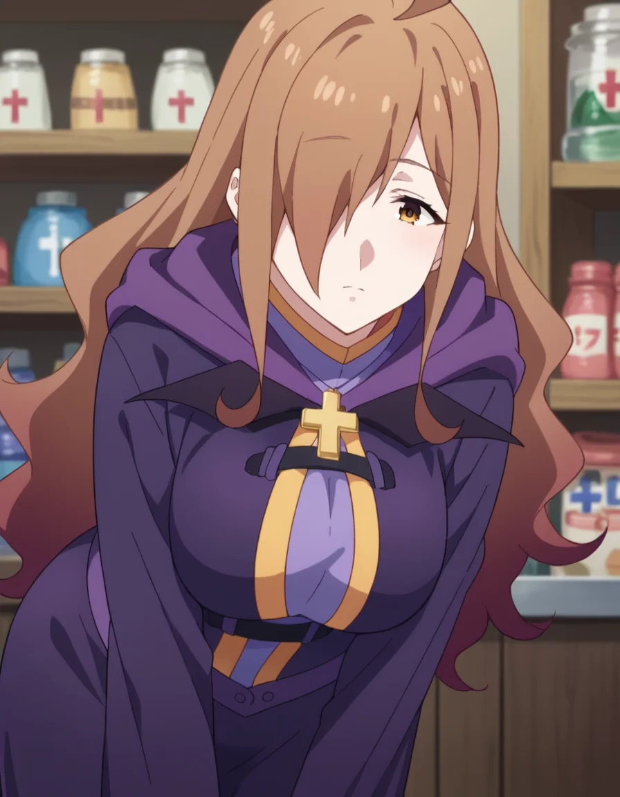 score_9, score_8_up, score_7_up, source_anime,
konosubawiz, <lora:konosuba-wiz-s1s2-ponyxl-lora-nochekaiser:1>,
wiz, ahoge, brown eyes, light brown hair, hair over one eye, long hair, mature female,
cross, dress, hood, hood down, jewelry, latin cross, long dress, long sleeves, purple dress, robe, purple robe,
indoors, shop, bent over,
looking at viewer, dutch angle, cowboy shot,