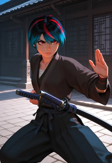 masterpiece,best quality,amazing quality,newest, absurdres, highres, detailed eyes, beautiful, perfect eyes, finely detailed face, very aesthetic, anime coloring, anime screencap, incoth, (incase:0.6),
1girl, shiina, short hair, multicolored hair, slim, small breasts, samurai clothes,
action stance, holding katana,
dynamic pose, energetic, motion lines,
eastern asian architecture,