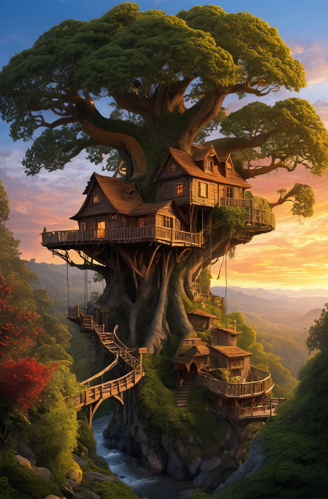 valley, fairytale treehouse village covered, , matte painting, highly detailed, dynamic lighting, cinematic, realism, realistic, photo real, sunset, detailed, high contrast, denoised, centered, michael whelan