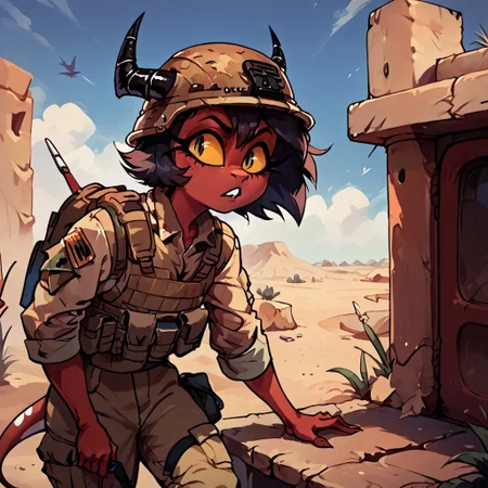 score_9, score_8_up, score_7_up, score_6_up, score_9, Millie, female, solo, desert, AmericanSoldier, helmet, yellow sclera, slit pupils, red skin, black hair, short hair, horn, demon tail, demon girl