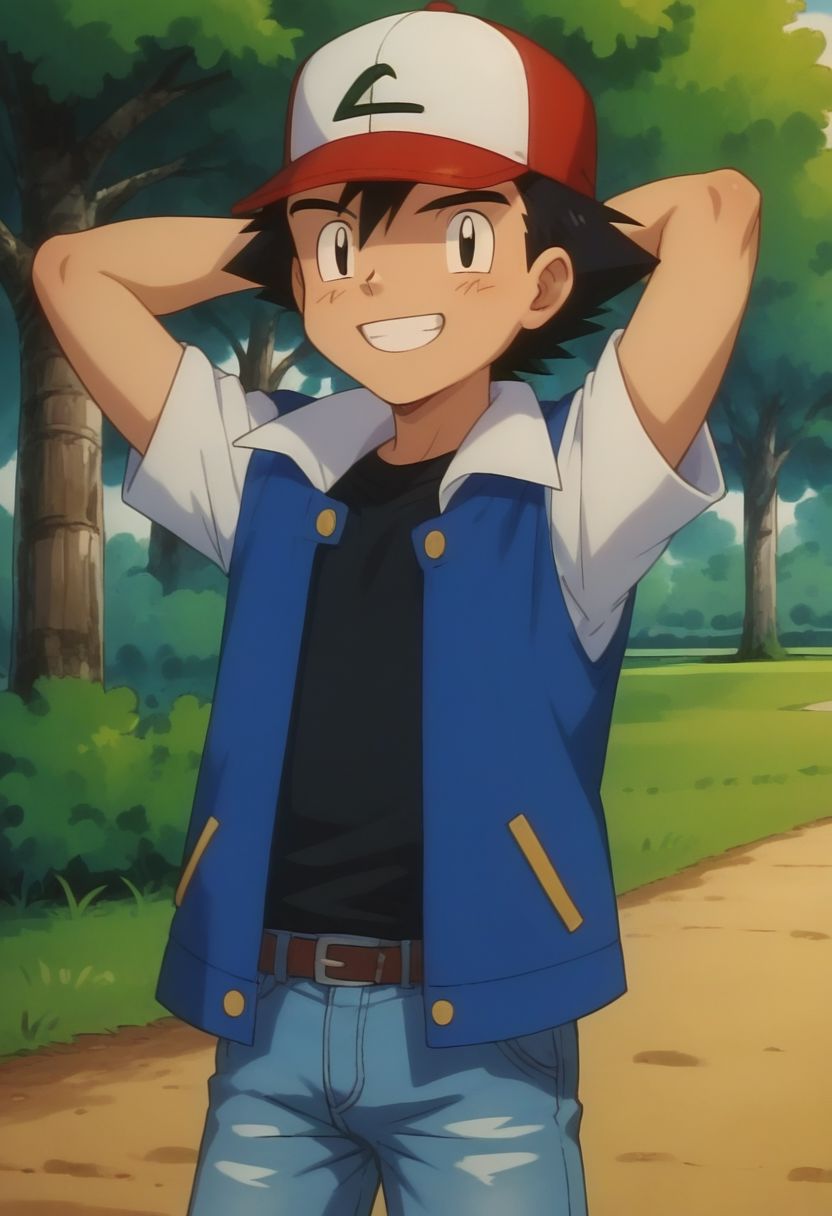 score_9, score_8_up, score_7_up, source_anime, highly detailed, 1boy, solo, male_focus, slender, skinny,
ash_kanto, hat, gloves, solo, fingerless gloves, baseball cap, black hair, denim, blue jacket, hands behind head, smile, teeth,
outdoor, park, grass, trees, human child,
