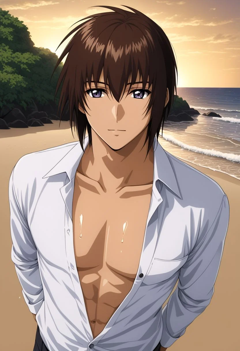 ASCII kira_yamato, hair parting left, 1man, mature adult male focus, white open shirt, solo, slim, thin waist, warm beige skin, brown hair,
detailed symmetric glossy eyes, expressive eyes, large purple eyes, looking at the viewer,
sexy posing, in a beach, sweaty,
full body portrait,
masterpiece, best quality, ultra high res, intricate detail, clamshell warm lighting