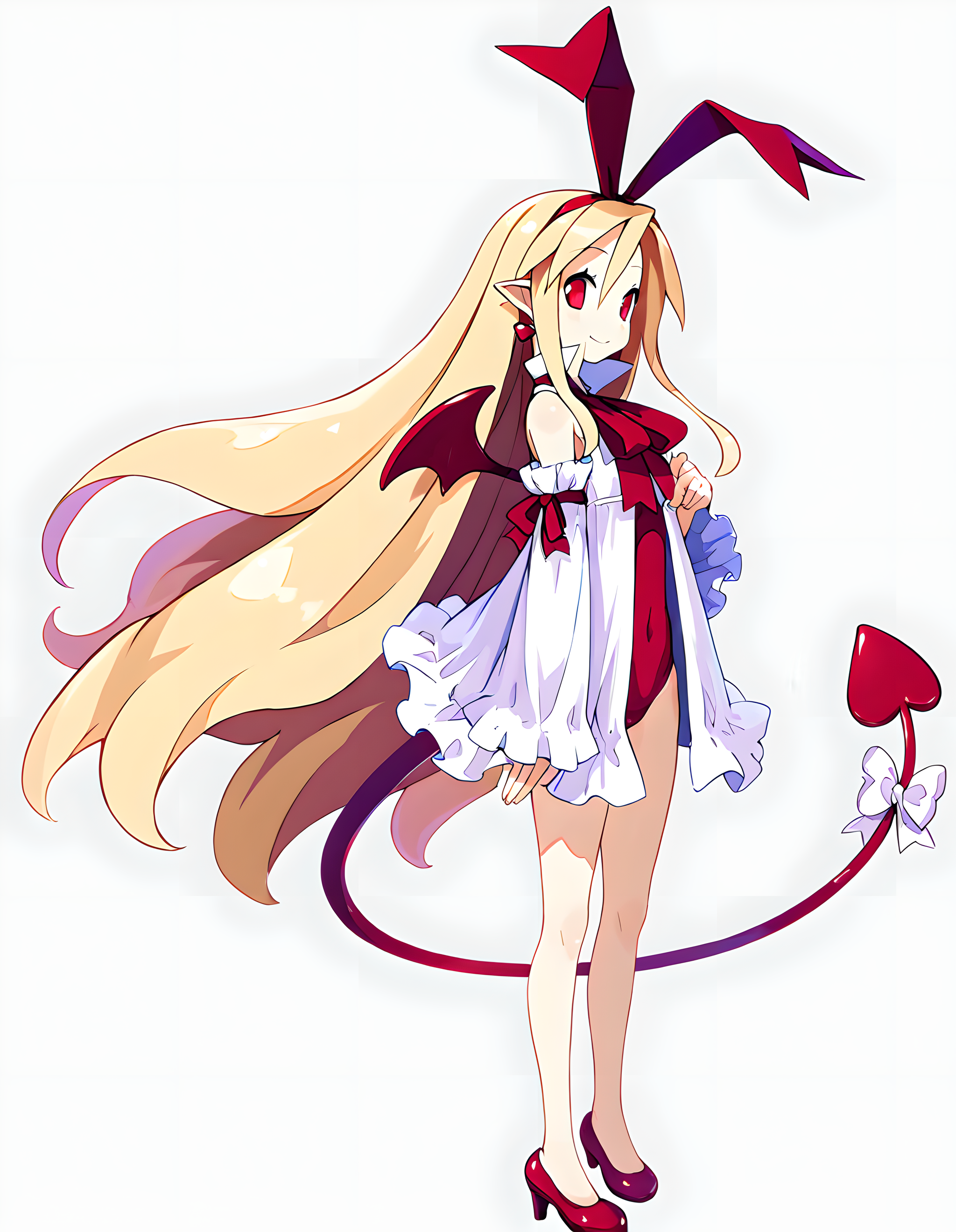 <lora:illustrious_XL_flonne:0.8>,flonne,masterpiece,best quality,good quality,1girl,solo,red eyes,red hairband,wings,demon tail,tail ornament,pointy ears,red leotard,detached sleeves,red high heels,earrings,smile,standing,white_background,full body,