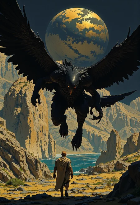 "With great lunging strides the flapping black creature sprang closer."